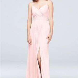 Long mesh V-neck spaghetti strap bridesmaid dress